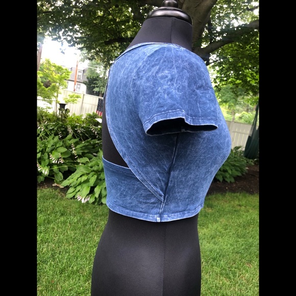 Open back/keyhole super soft faux denim crop top - Picture 2 of 3